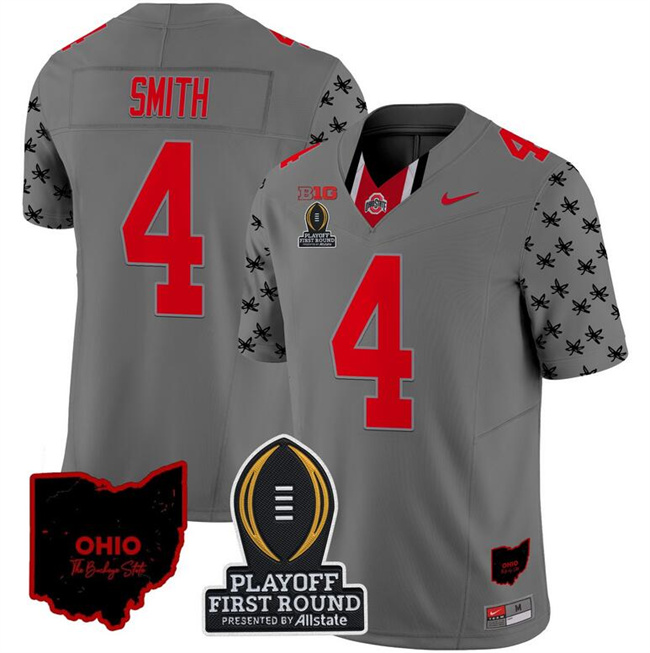 Men's Ohio State Buckeyes #4 Jeremiah Smith Gray F.U.S.E. 2024 Playoff First Round Patch Vapor Limited Stitched Jersey Men's Ohio State Buckeyes #4 Jeremiah Smith Gray F.U.S.E. 2024 Playoff First Round Patch Vapor Limited Stitched Jersey